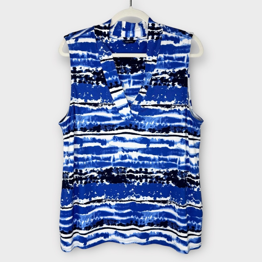 Nautica Blue and White Tie-Dye Sleeveless Top XL Chic Dressy V-neck Tank Top EUC